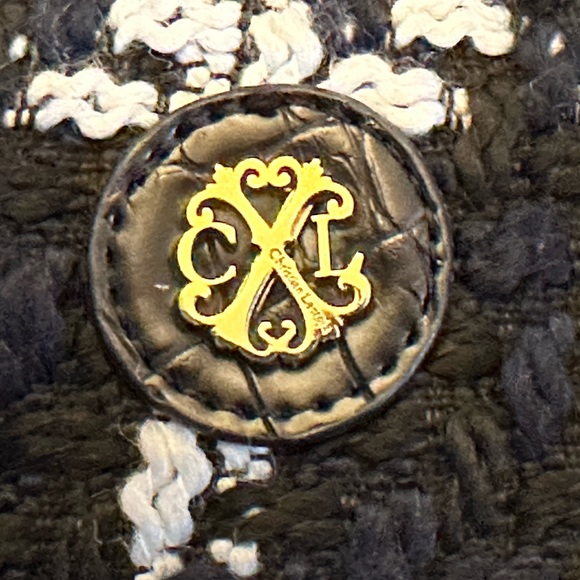 Christian Lacroix bag/tote plaid fabric navy & white, brass accents 16.5"W 11"H - Picture 2 of 7